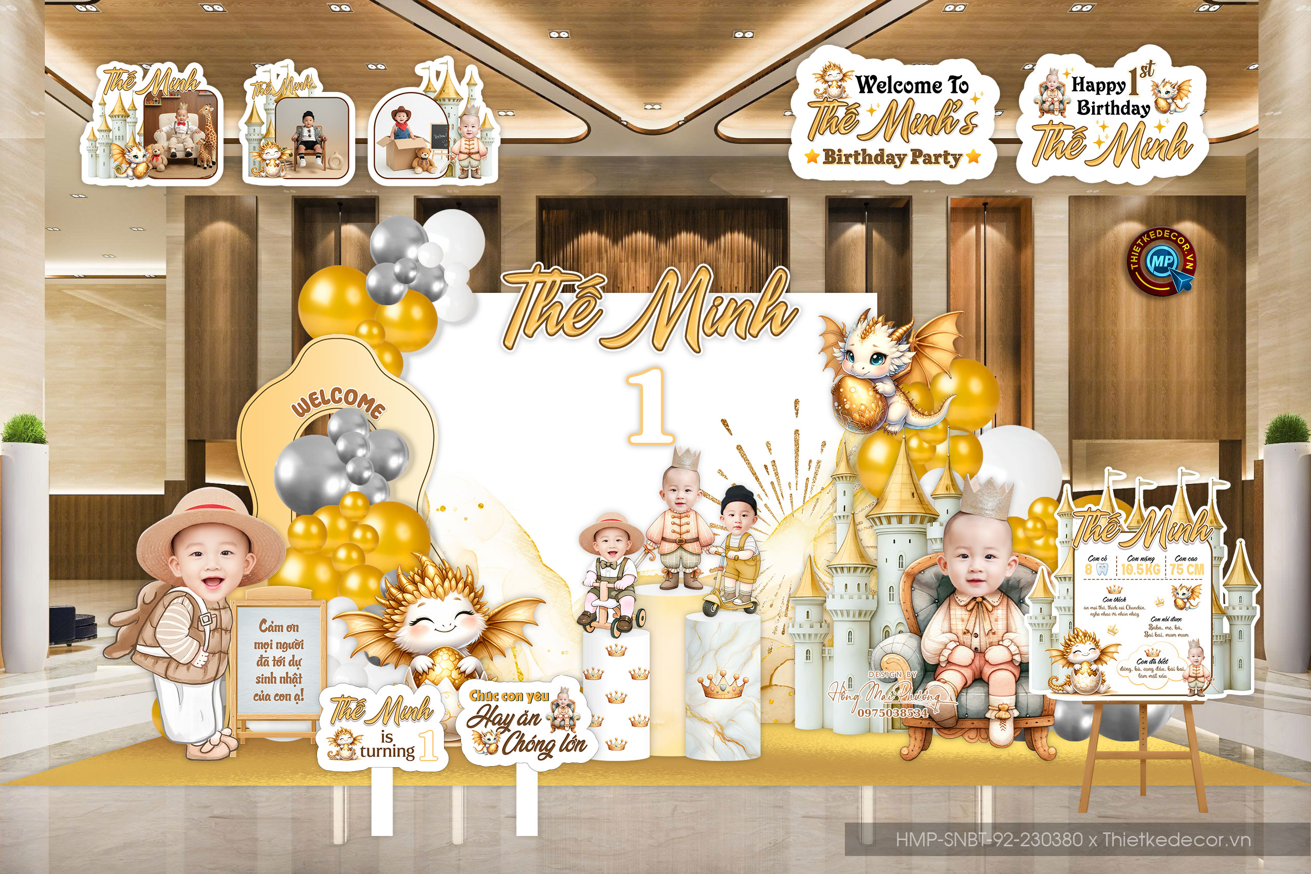 Sinh nhật bé trai tone vàng gold tuổi rồng chủ đề Hoàng tử lâu đài